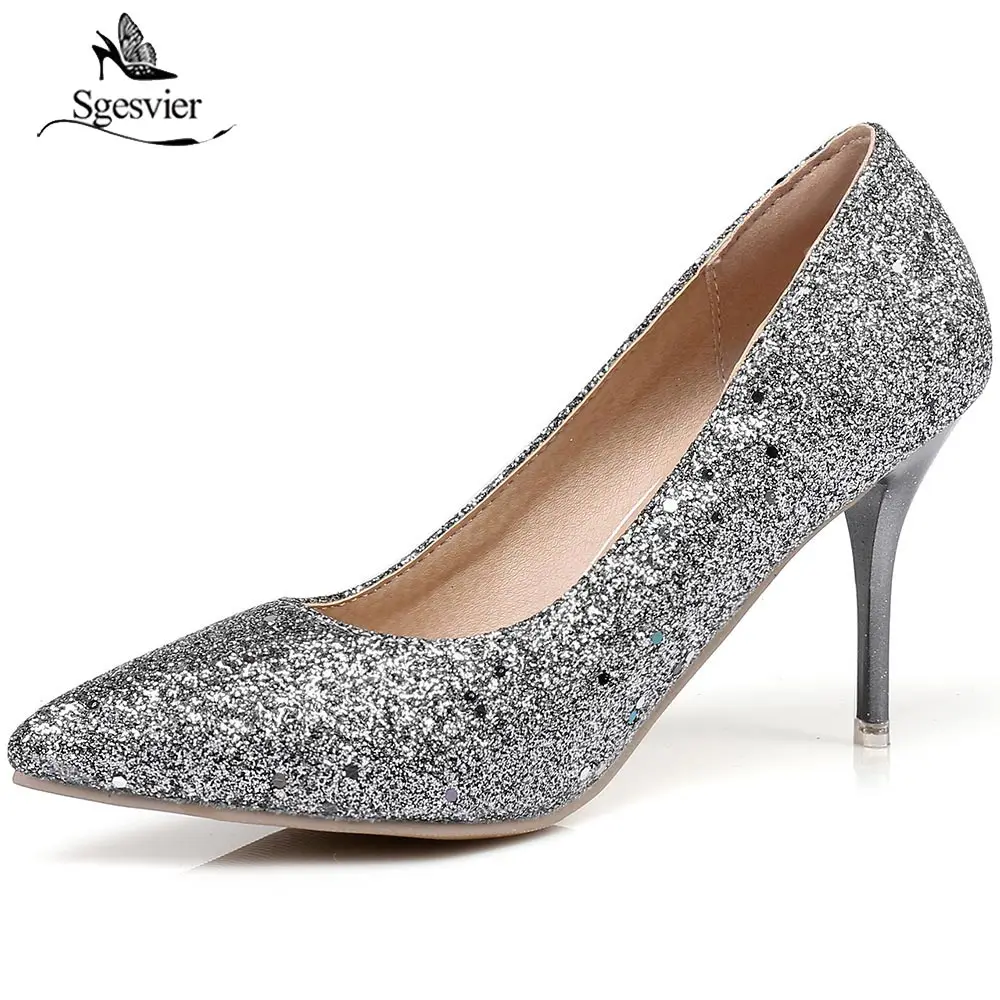 SGESVIER 2018 New Spring Fashion High Heels Women Pumps Thin Heel Classic Shining Sexy Prom Wedding Shoes Big Size 30-47 OX214