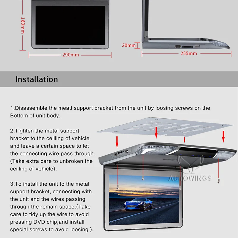 11.6 inch 1920*1080 TFT LCD Roof Mount Monitor Car Overhead Ceiling Monitor Video Player Screen FM HDMI USB SD IR Headphones