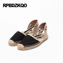 Женские босоножки с ремешком на лодыжке, в полоску, большие размеры, со шнуровкой, соломенная летняя обувь, 9 размеров, парусиновые эспадрильи, розовая веревка, конопляная обувь черного цвета