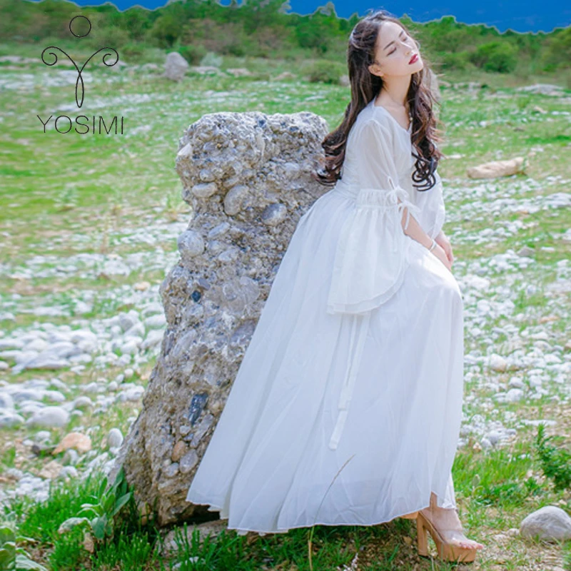 YOSIMI 2017 Summer Maxi Elegant Chiffon Vintage Long Dress  For Travel  O-neck Beach  Long Dresses Butterfly Sleeve Tunic female