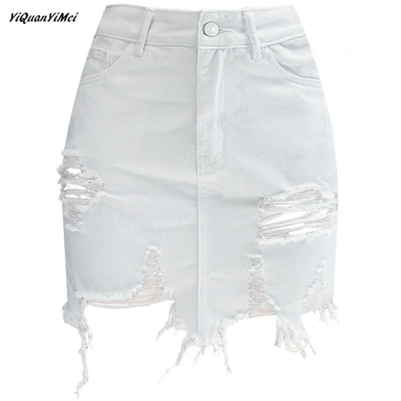 Летние белые джинсовые юбки женские Высокая талия короткая юбка женщина отверстие джинсы юбка мини-юбки Юп роковой faldas mujer