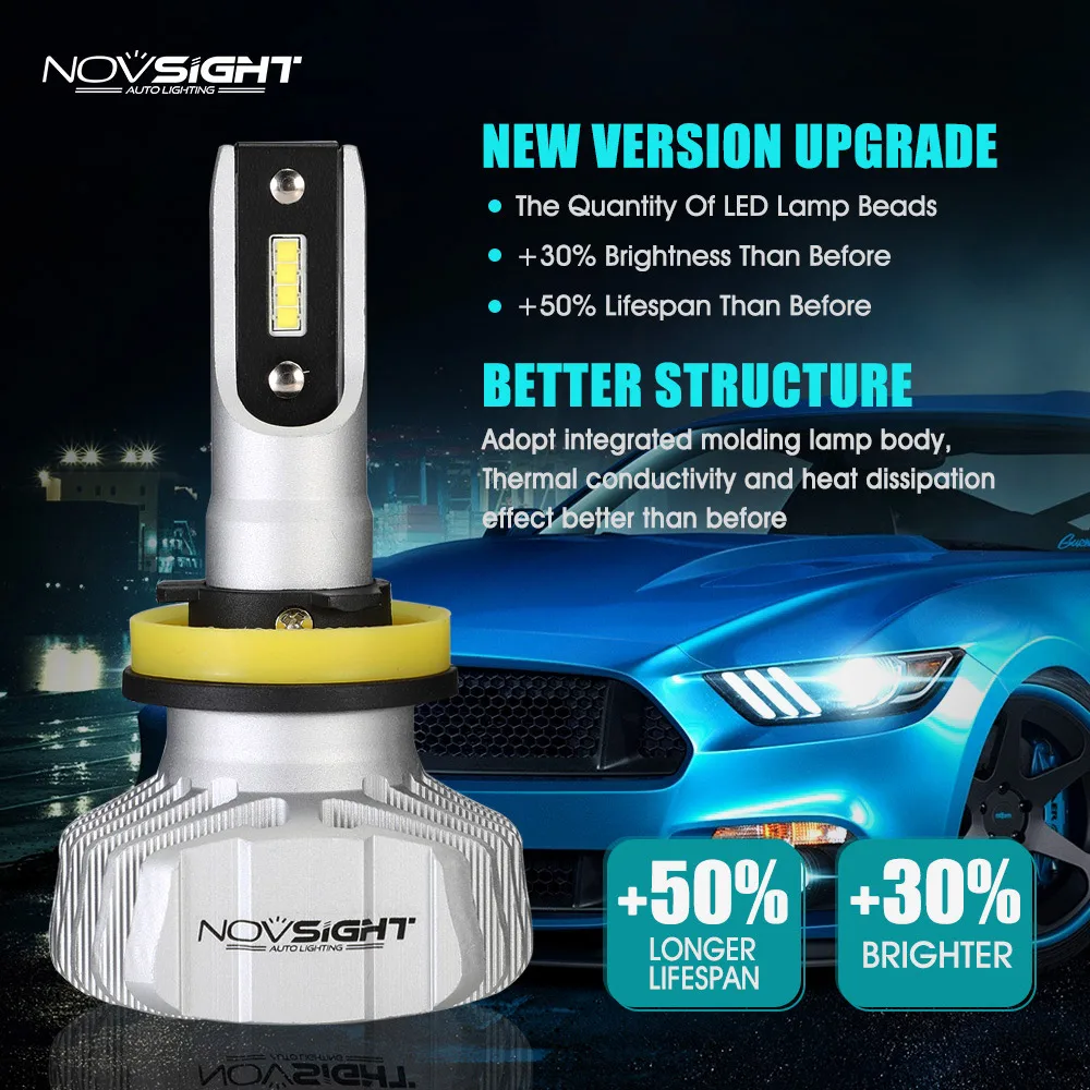 Светодиодный фонарь NOVSIGHT H11 H8 для авто 2 шт. 10000LM 12 В 24 50 Вт 6500 К белый H4 H7 HB3 HB4