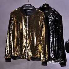Cakucool Women All Sequined Bomber Jackets Zipper Embellish Long Sleeve Outerwear Gold Black Beading Runway Coats Jacket Women