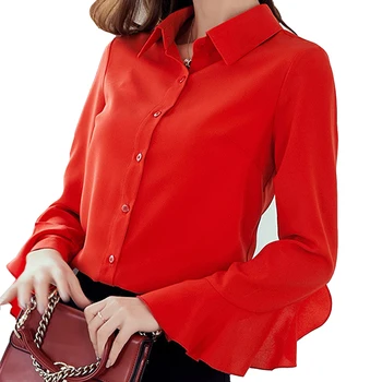 

Elegant Tops Women Blouse Spring Autumn Shirt Red White Long Sleeve Chiffon Shirts Office Work Slim Lapel Butterfly Sleeve Blusa