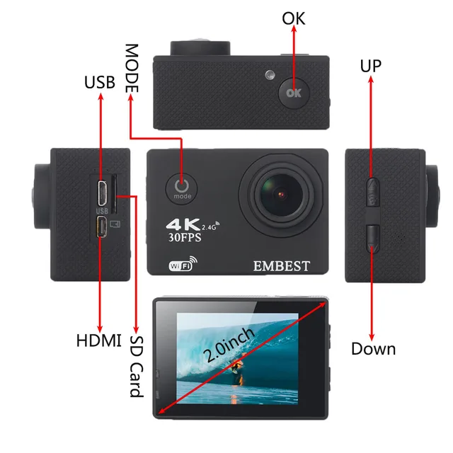 EMBEST 4K WIFI Remote 16MP Sports Action Camera Helmet Camcorder Ultra HD 170D Waterproof 30M Extreme Sport Cam For RC Aircraft