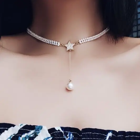 

Women's Full crystal star shape pearls chokers necklaces pendants for banquet party all-match Trendy noble lovely necklaces