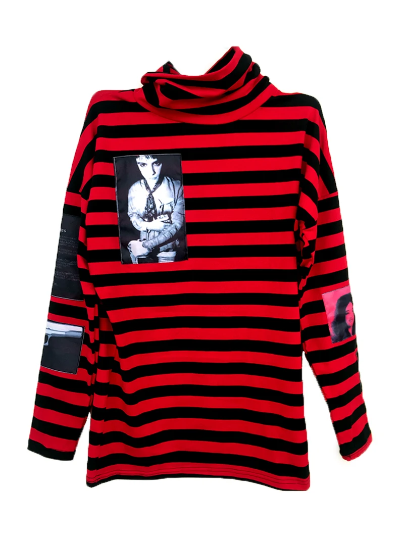 Nuevo coreano Harajuku GD negro rojo rayas camiseta