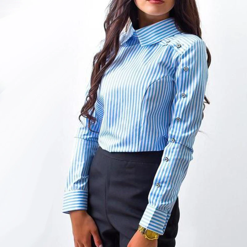 

New Fashion Striped Button Casual Women tops and Blouses Long Sleeve Turn Down Collar Shirt Vintage OL Tops Female