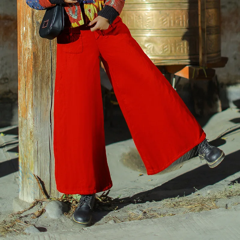 Cintura Fleece rojo Mujer Algodón Color Retro Vintage Negro Sólido Pantalones Warm Elástica Winter Mujeres wqSOEXw