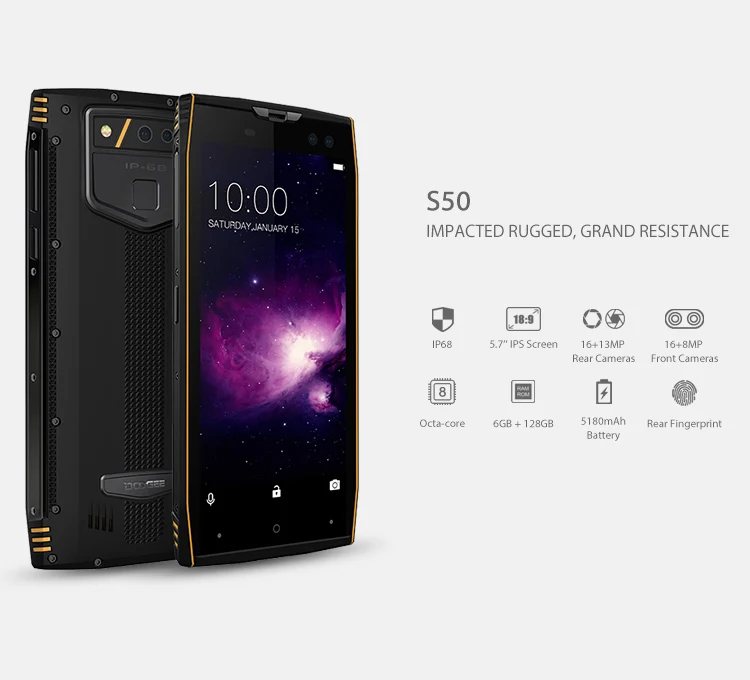 DOOGEE S50 6GB RAM 128GB ROM Helio P23 MTK6763 2.3GHz Octa Core 5.7 Inch IPS Screen IP68 Waterproof Quad Camera Android 7.1 4G LTE Smartphone
