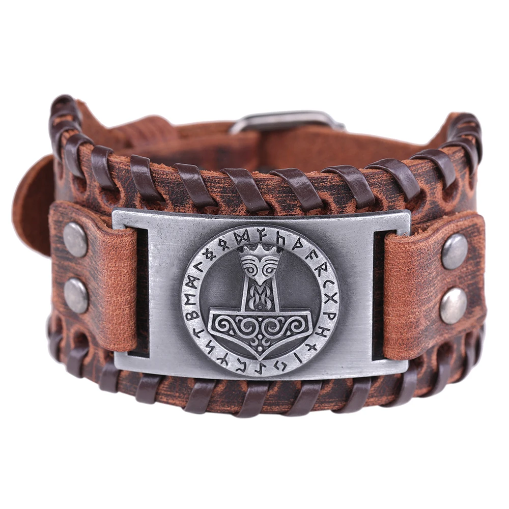 wide brown -silver Skyrim, Тор, молот, Викинг, браслеты из натуральной кожи, мужские, святой покровитель, 24 нордические руны, амулет, кнопка, оснастка, славянский браслет, браслет - Окраска металла: wide brown -silver