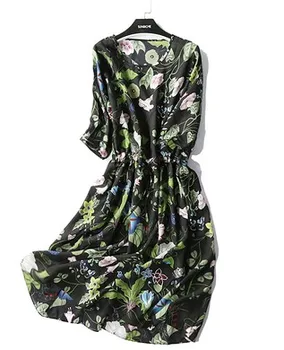 

New Silk Dress of 2020 Large-sized round-necked silk dress with big sleeves and big beach with loose silk dress