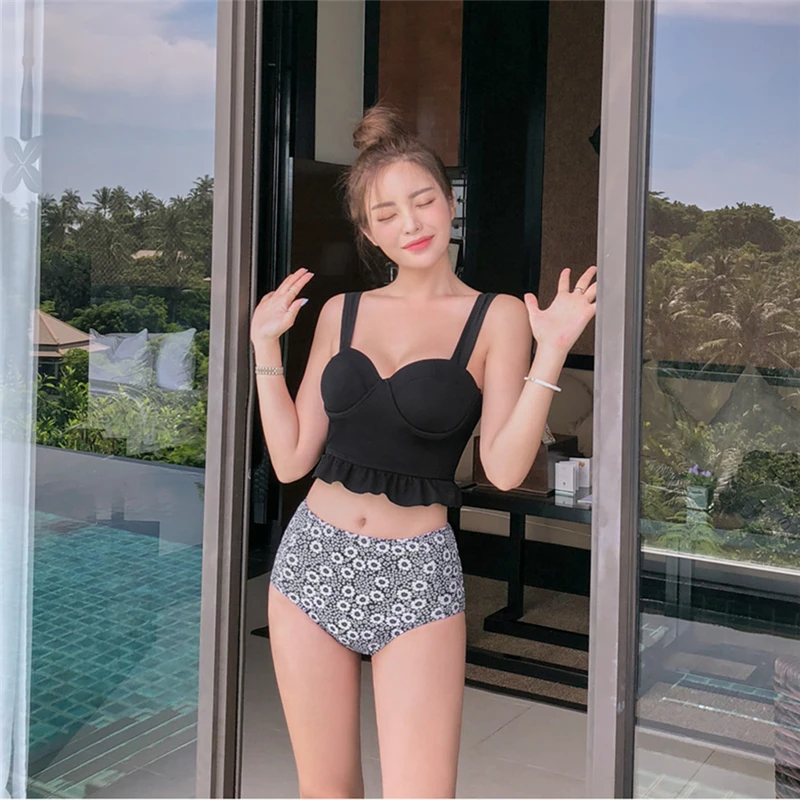 

Black Sexy Bikini High Waist Swimsuit Girls Ruffles Push Up Swimwear Women Vintage Retro Bathing Suit Sets Beach Wear Summer