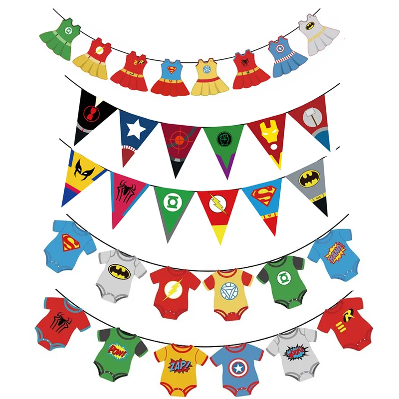

Super Hero Banner Spiderman Batman Paper Bunting Clothes Dress Shape The Avengers Garland For Kis Birthday Party Hanging Decor