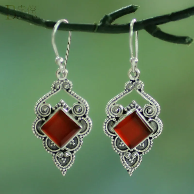 

BOAKO Thai Silver Pendant Earrings Natural Red Stone Dangle Drop Earring Square Crystal Long Earring S925 Boho Statement Jewelry
