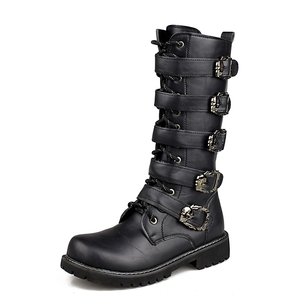 Ботинки в байкерском стиле; мужские Ботинки Martin из искусственной кожи в стиле панк; ботинки в байкерском стиле в стиле стимпанк; военные ботинки с ремешком и пряжкой; обувь до середины икры; Защитное снаряжение - Цвет: Черный