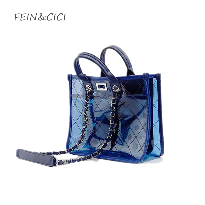 Goedkoop Transparante bakken tas clear pvc plastic gewatteerde strand tassen kettingen handtas vrouwen zomer tassen 2018 luxe merk fashion blauw kleur