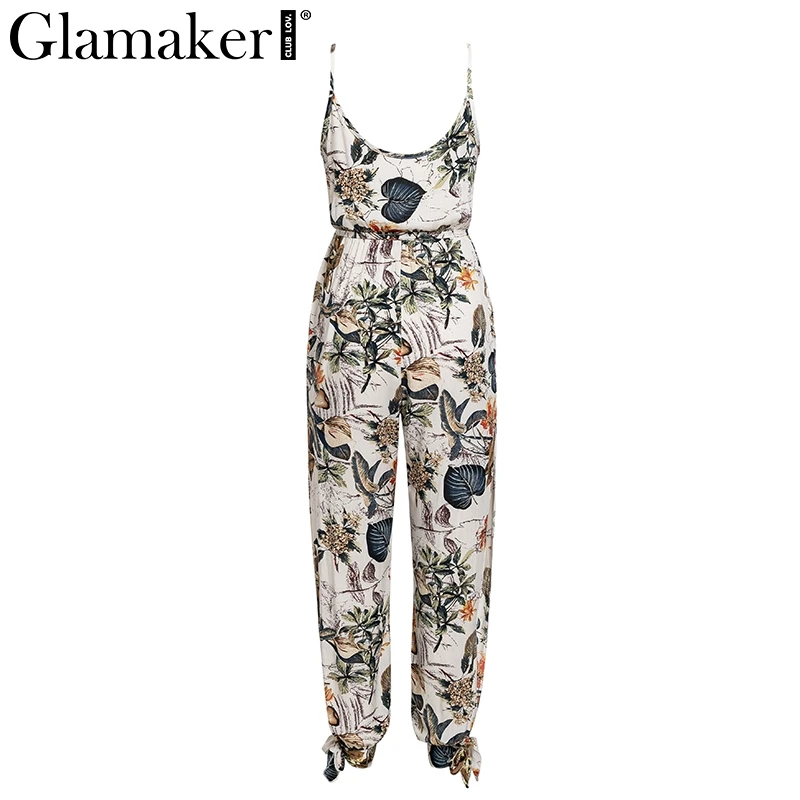 Glamaker Floral print women jumpsuit&romper Sexy V neck backless boho jumpsuit Women split belt spring party playsuit overalls