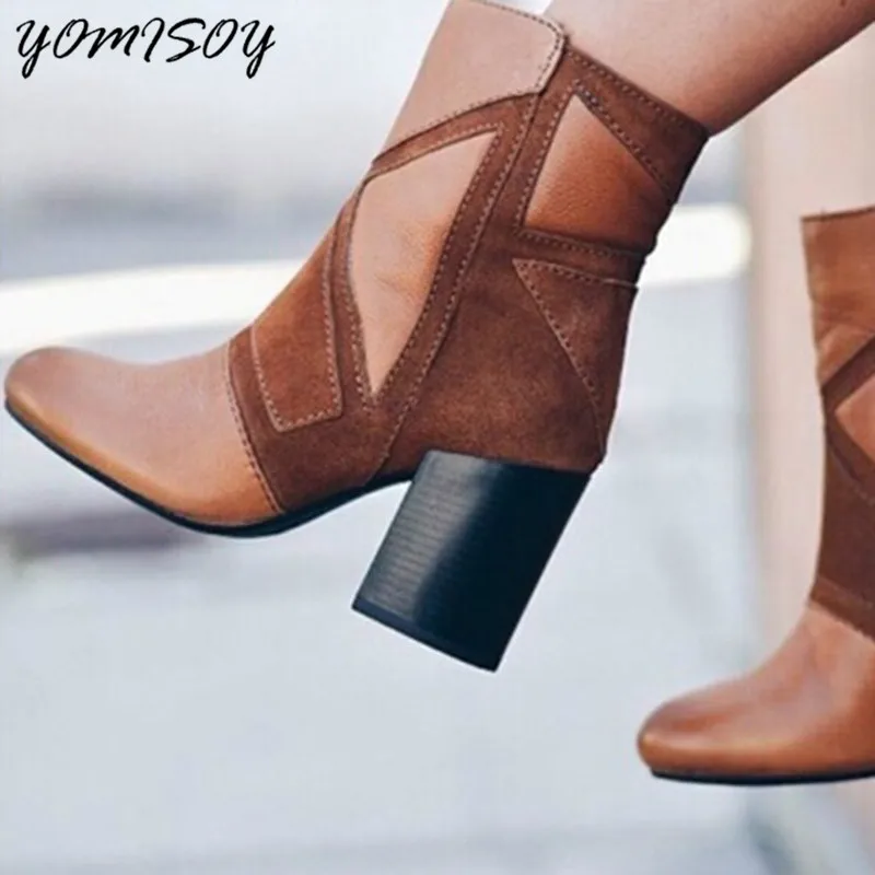 

YOMISOY Boots Woman 2018 Women Autumn Winter High Heels Mid-calf Patchwork Vintage Boots Women Shoes Zapatos De Mujer