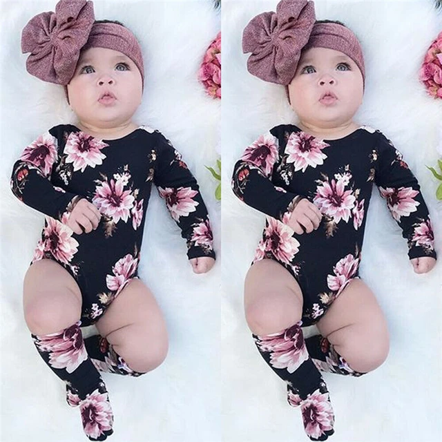 Monos para bebé niña recién nacida, mono de flores + calentadores de piernas, conjunto de ropa, ropa de algodón con cuello redondo, 3 - AliExpress