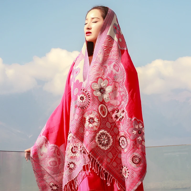 Японский коммутационный в Индии ручной работы из бисера изысканный цветочный красный шарф для женщин непальская вареная шерстяная шаль для дам теплая