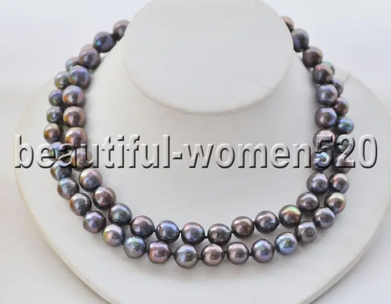 

Z8803 2Strands 11mm Natural Peacock-Black Almost-Round Edison Keshi Pearl Necklace