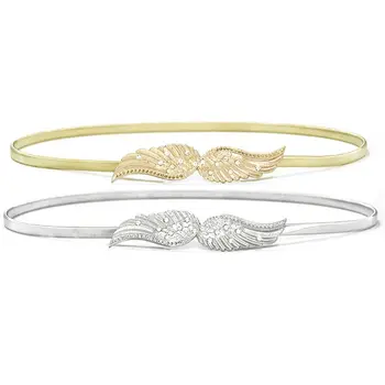 

70x1cm Women Ultra-Thin Skinny Waistband Rhinestone Decor Carved Metal Angel Wings Buckle Elastic Stretchy Waist Belt Gold/Silve