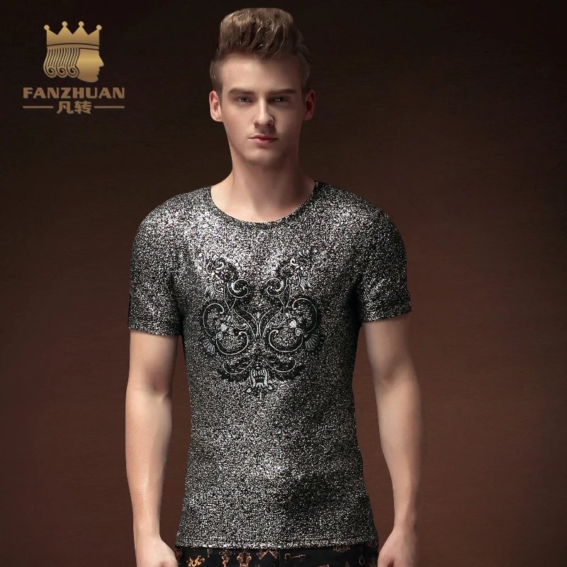 

FANZHUAN Featured Brands Clothing men t-shirt youth fashion t-shirt mens Tees Hot Silver printing Nightclub Stage wind T-shirt
