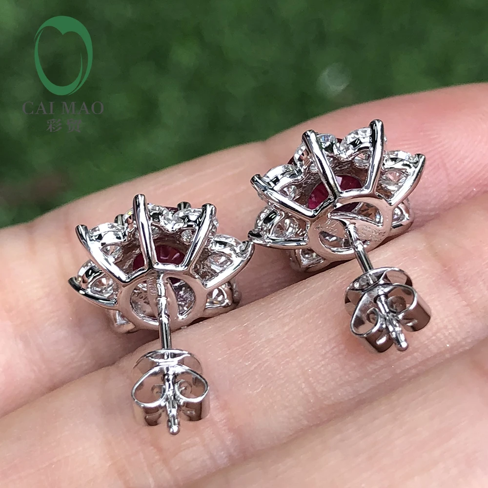 Caimao 2.54ct Ruby White 2.08ct Brilliant Cut Moissnaite 14K White Gold Engagement Earrings Studs Fine Jewelry