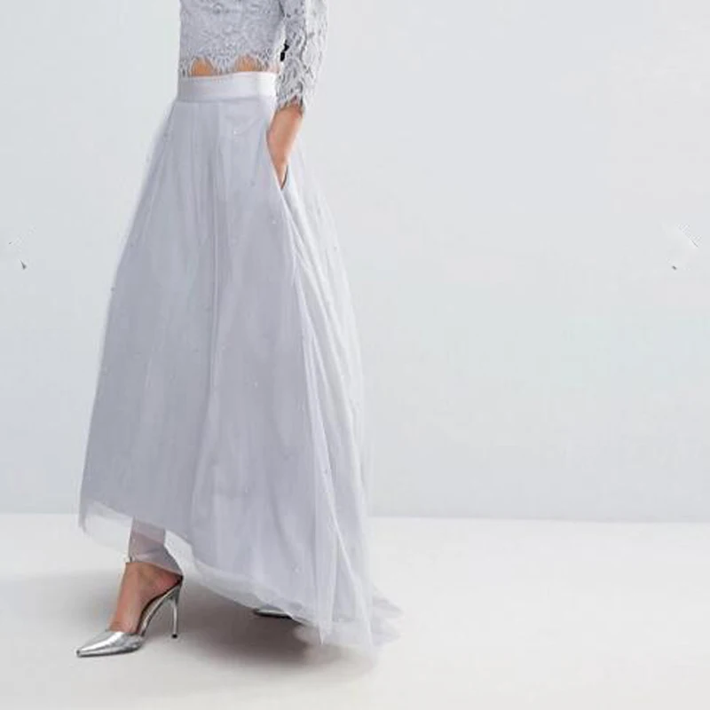 Silver Vintage High Low Tulle Skirts With Pockets Tiny Shiny Crystal
