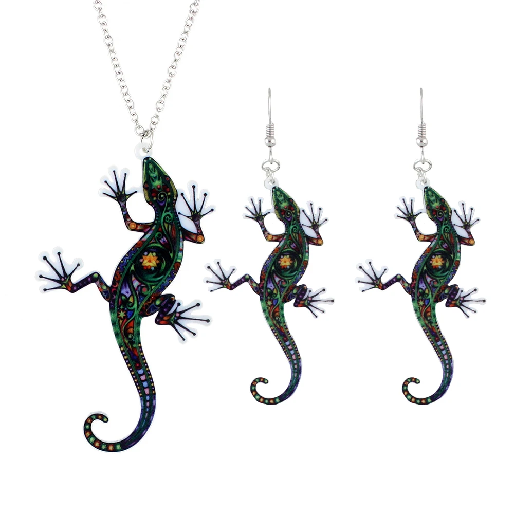 Steampunk Accessories Silver Color Chain with Green Gecko Shape Pendant Necklace and Drop Earrings For Women Jewelry Set | Украшения и
