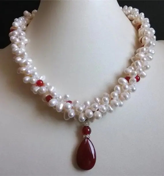 Уникальный жемчуг ювелирный магазин 6-7 мм белый пресноводный жемчуг красный ожерелье с агатом серьги комплект украшений очаровательный женский подарок Вечерние