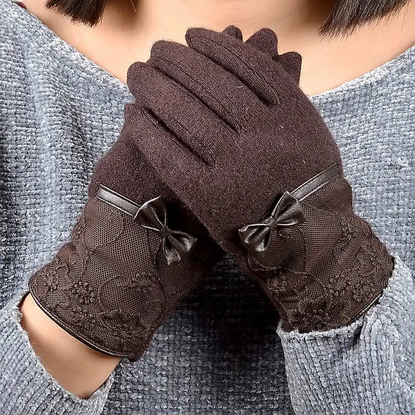 [BYSIFA] декоративные черные женские шерстяные перчатки зимние толстые теплые перчатки милые кружевные вышивка Pu галстук-бабочка мягкие женские перчатки