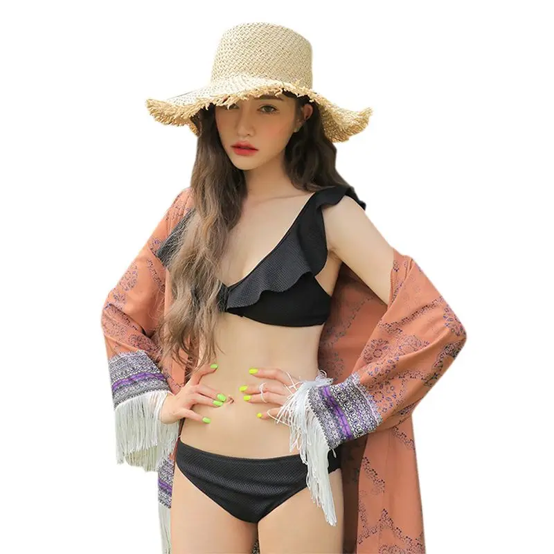 

Women Sexy Deep V Ruffled beauty Back Bikini Set Vintage Plaid Back Low Waist Split Push-Up Small Fresh Beachwear