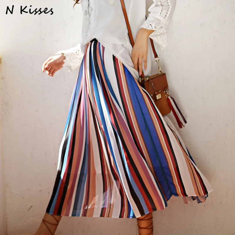 

High Quality 2018 Women Summer Boho People Fashion Loose Waist Pleated Bohemian Seaside Stripe Beach Long Maxi Skirt