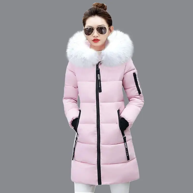 Зимняя женская куртка, средней длины, с хлопковой подкладкой, куртки с большим меховым капюшоном, с воротником, парки, утолщенное теплое зимнее пальто, женские парки