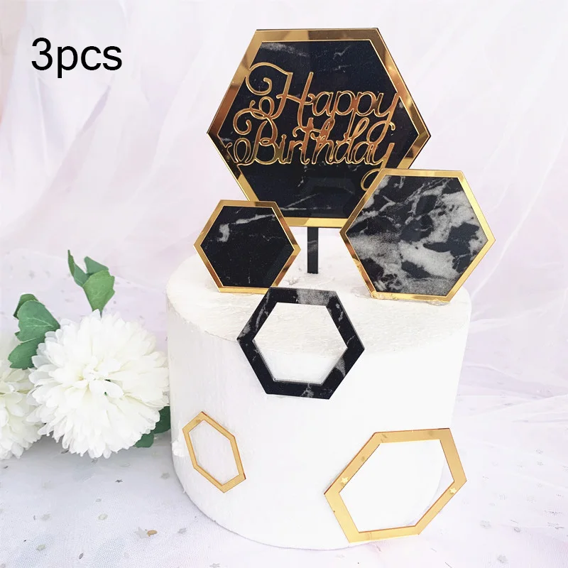 New INS Marble Acrylic Cake Topper Hexagon Gold Happy Birthday Cake Topper For Kids Birthday Party Cake Decorations Baby Shower - Цвет: 2