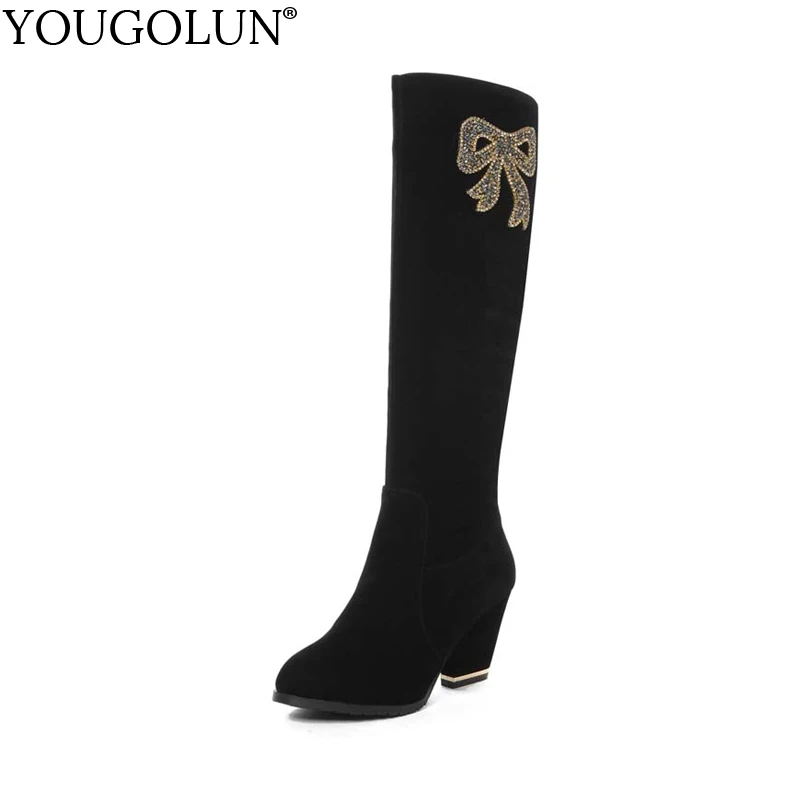 

YOUGOLUN Women Knee High Boots 2017 New Winter Black High Heels 8 cm Crystal Square Heel Flock Zipper Shoes #Y-163