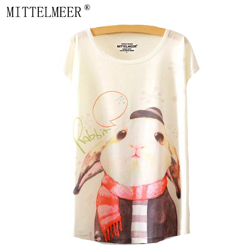 MITTELMEER New Polyester harajuku T-Shirt Women Short Sleeve t-shirt o-neck Causal loose bunny t shirt Summer tops for women | Женская