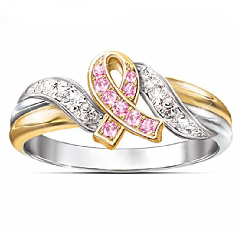 

Pink Crystal Ribbon Breast Cancer Awareness Finger Ring For Women Encouragement Breast Female Organization Medical Jewelry