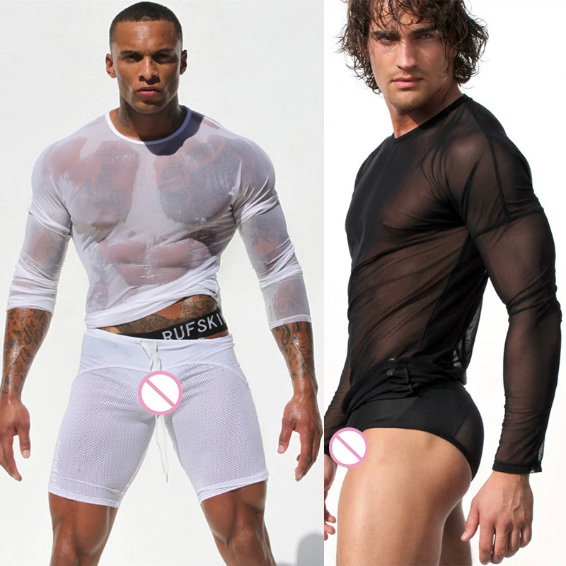 

New Sexy See-Through Transparent Long Sleeve Gyms T-shirt Men's Sexy Tights Undershirt Summer Sexy Fitness Tops Tees
