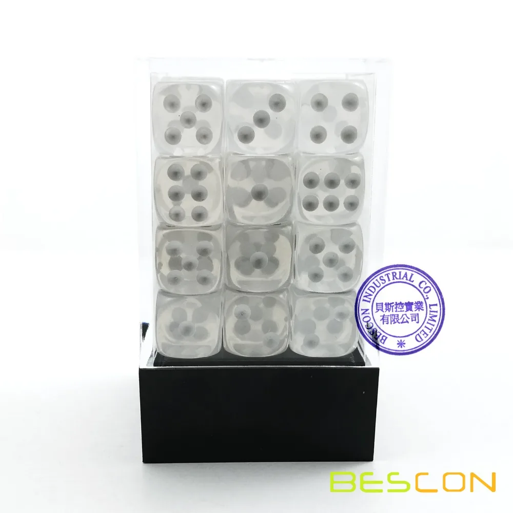 Bescon 12mm 6 Sided Dice 36 in Brick Box, 12mm Six Sided Die (36) Block of Dice, Translucent White with Pips 2