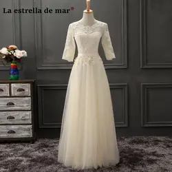 Vestido madrinhas de casamneto2019 новые глубоким круглым декольте тюль с короткими рукавами трапециевидной формы шампанское военно-морской флот голубое