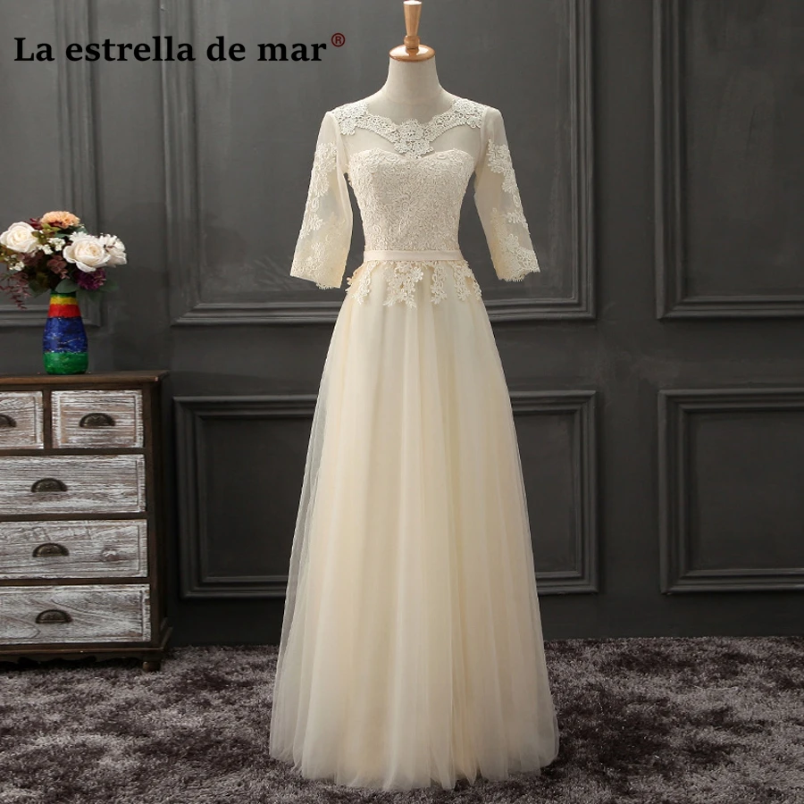 

Vestido madrinhas de casamneto2019 new Scoop neck tulle half sleeve A Line champagne navy blue bridesmaid dress long