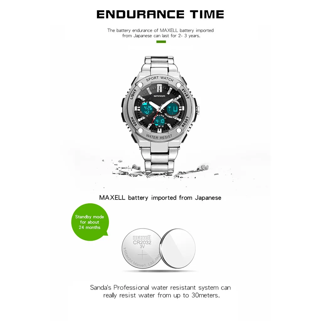 Спортивные часы с двойным Дисплей с аналоговым и цифровым дисплеем светодиодный Сталь ремень спортивные часы электронные цифровые часы подарки Для мужчин наручные часы с подсветкой
