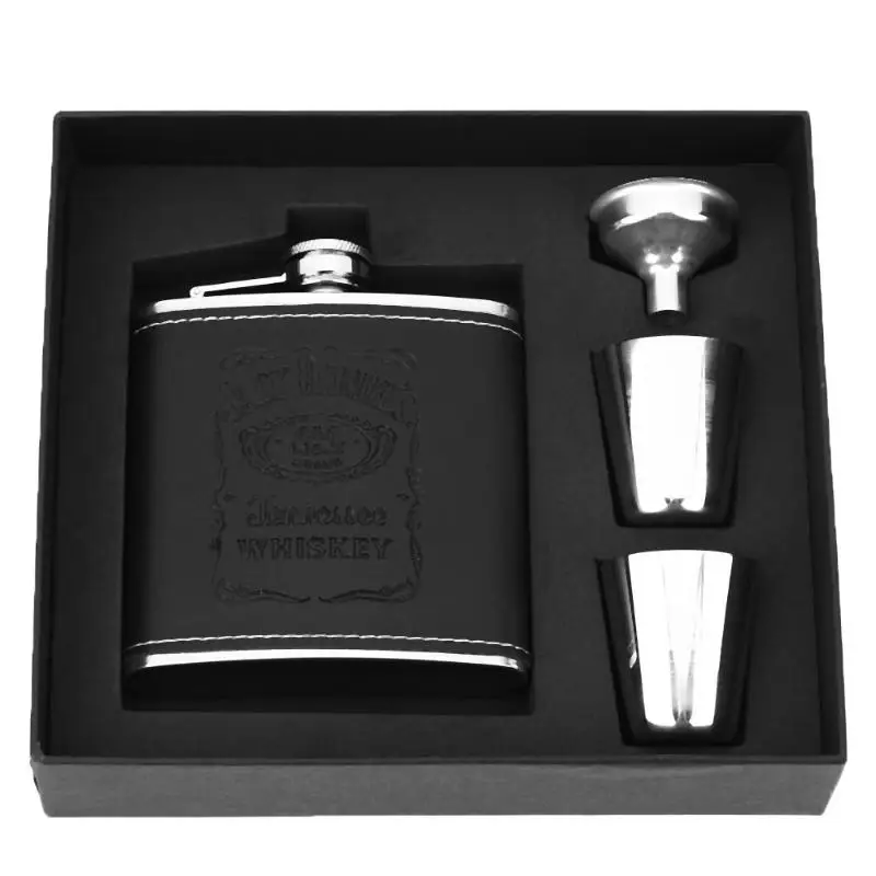 

6oz Portable Stainless Steel Leather Hip Flask Whiskey Flagon Alcohol Wine Bottle Flask Set with Funnel Cups Bar Accessories
