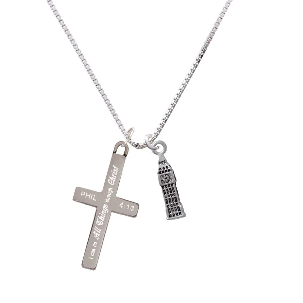 London's Big Ben Clock Tower - I Can Do All Things - Cross Necklace