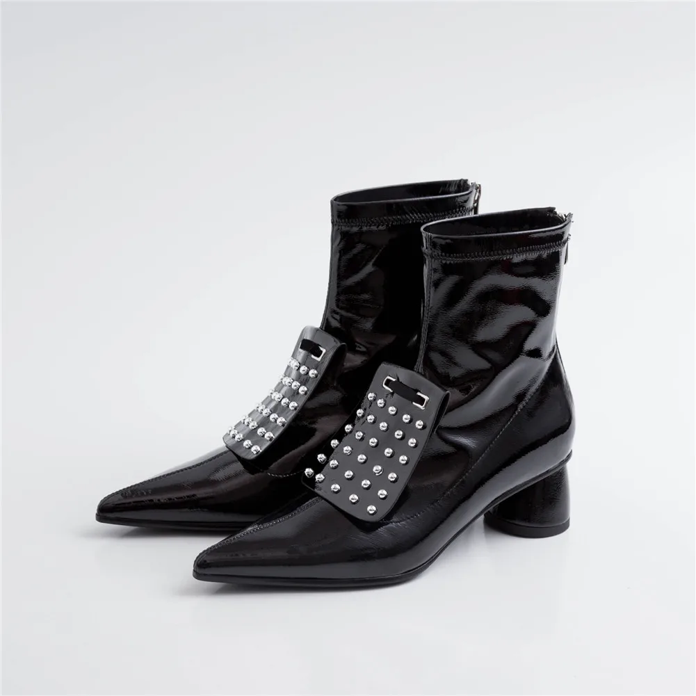 RIBETRNI New Fashion Ladies High Heels Pointed Toe Rivet Zip Shoes Woman Casual Party Office Autumn Spring Ankle Boots