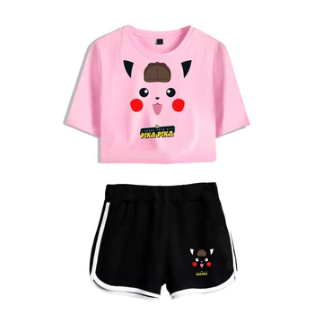 

Exposed Navel pink t shirt +black shorts women's two-piece sets Summer casual print Pikachu clothing Pop girl's two-piece sets