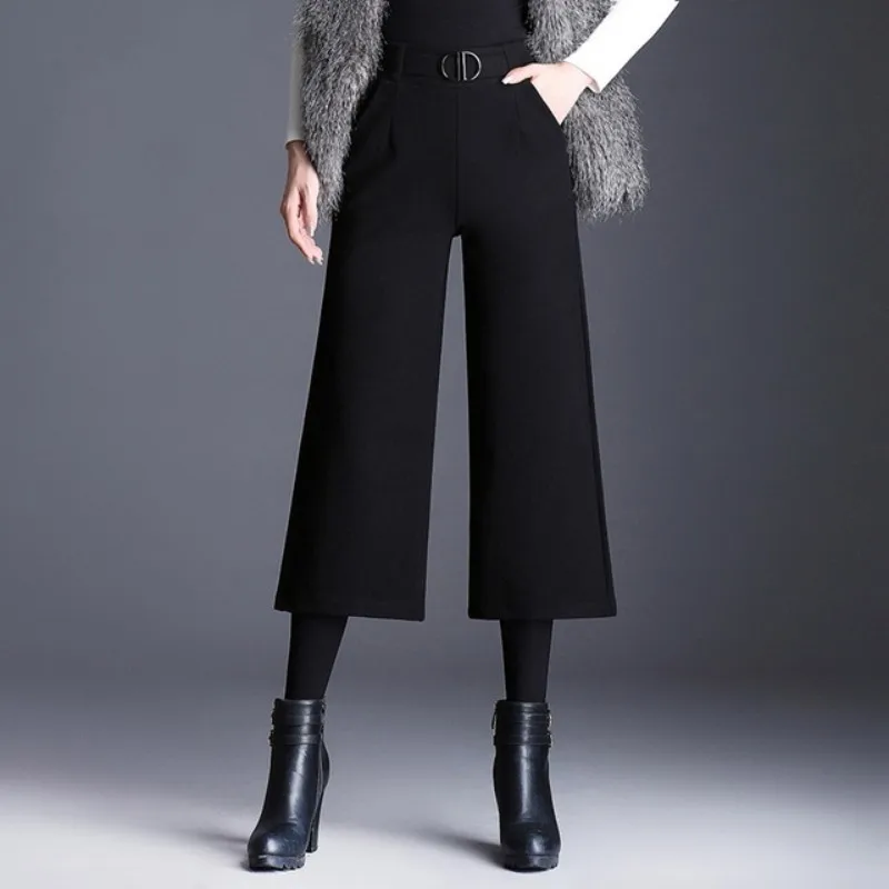 Осенние корейские Harajuku модные шерстяные брюки Женские однотонные черные с высокой талией широкие брюки женские свободные офисные женские брюки